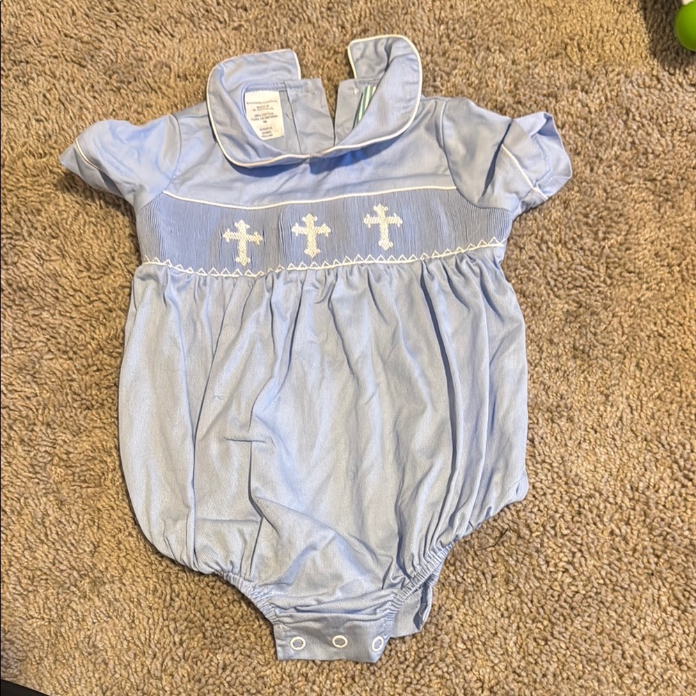 Light Blue Baby Romper with Cross Embroidery